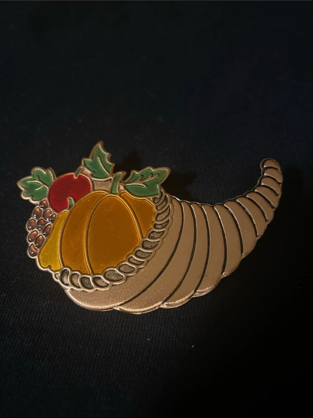 Cornucopia Fruit Brooch in Gold & Orange Like New 2”W x 2.5L